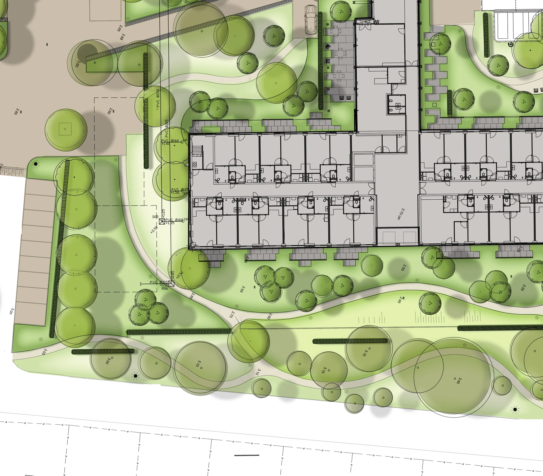 itsnede van het beplantingsplan met de plattegrond van de woningen, slingerende paden en de beplanting rond het gebouw.